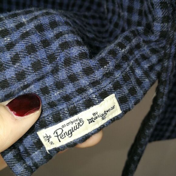 Men PENGUIN Check Gingham Blue Lined Preppy Heritage Slim Fit Shirt Size Medium - Picture 6 of 14